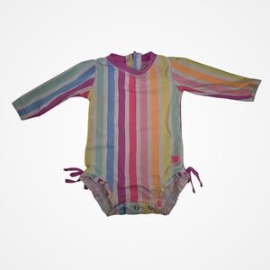 RuffleButts Girls 6-12M Pastel Stripe Long Sleeve Rash Guard One Piece Swimsuit